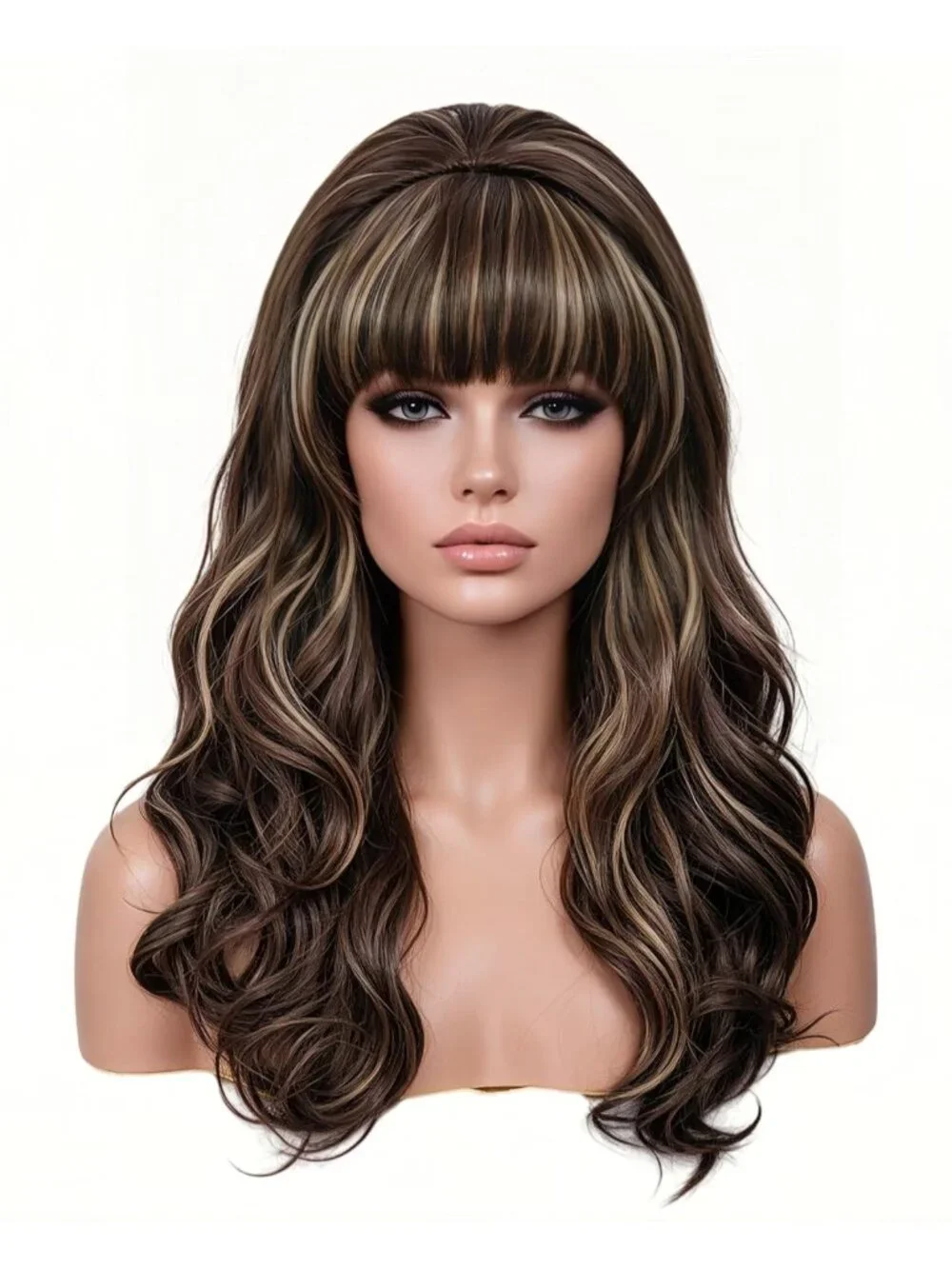 Women's Brown Mixed Heat Resistant Synthetic Fiber Retro Long Wavy Wigs Bangs